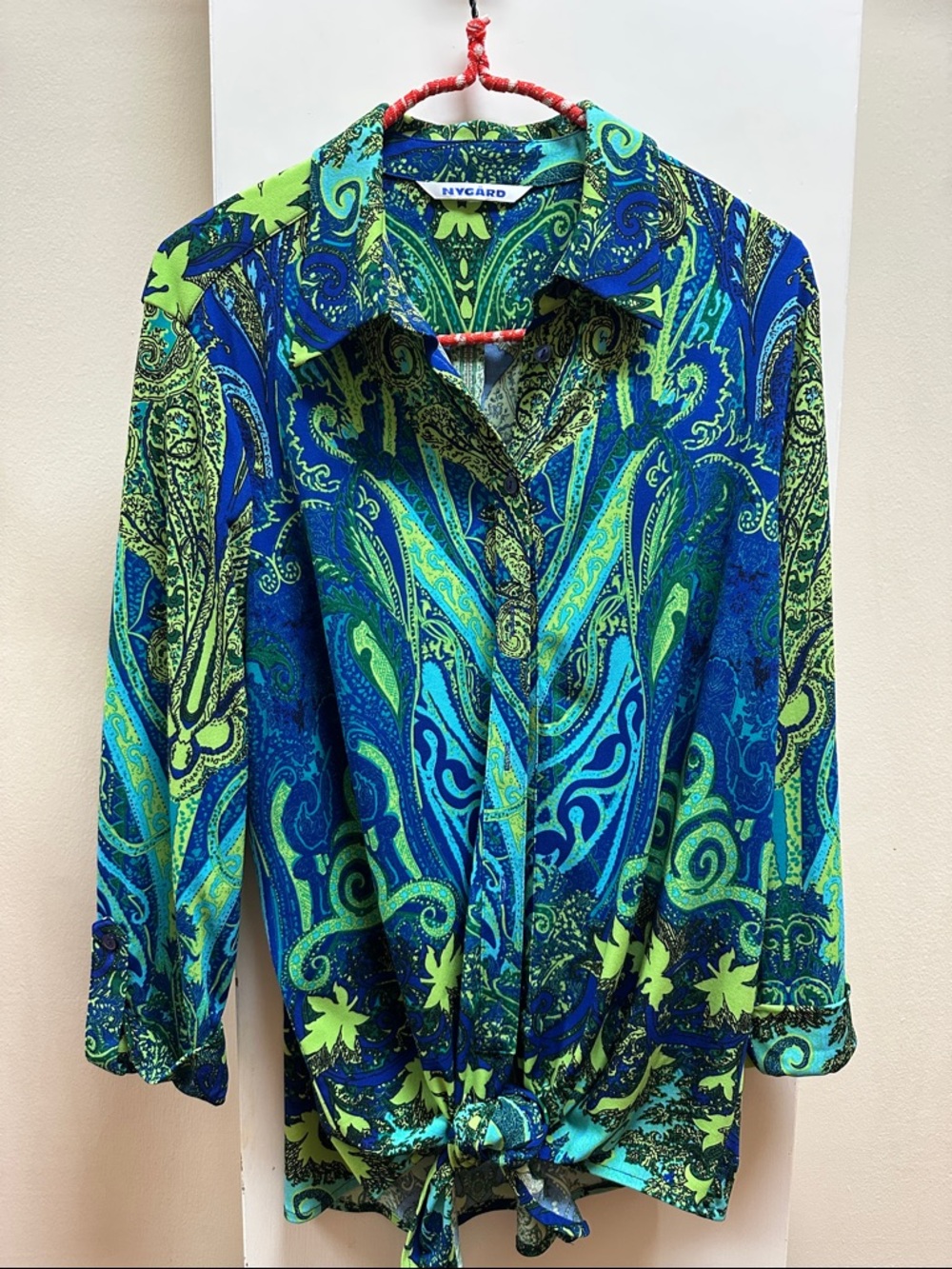 NyGard Vibrant Paisley Button-Up Blouse in Blue & Green large